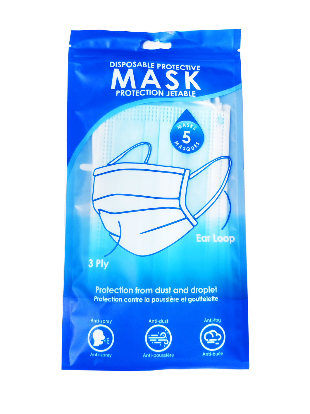 5 Pack 3 ply Blue Face Masks